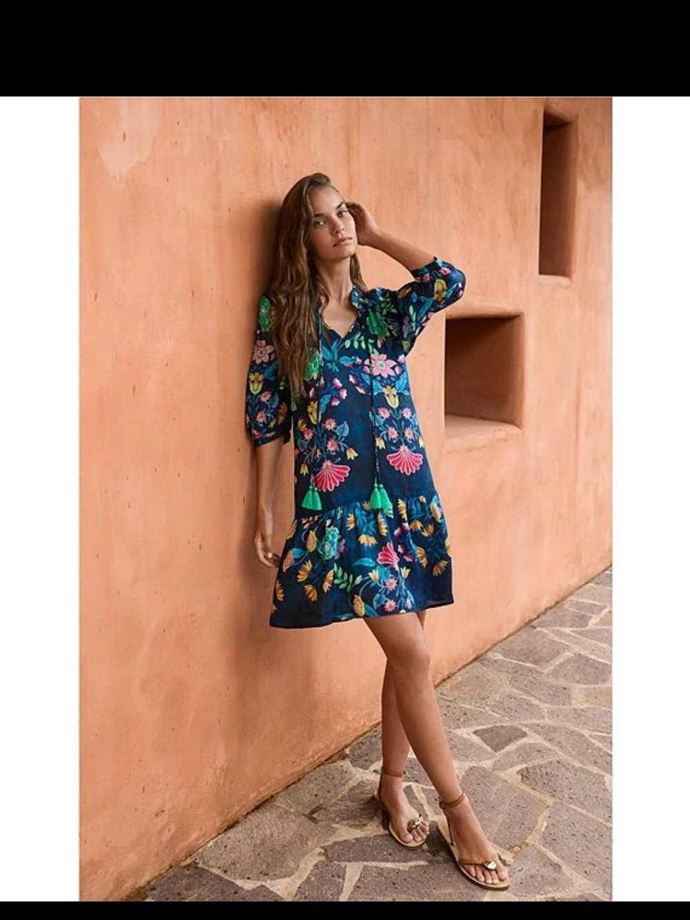 Johnny Was Navy Floral Tassel Mini Dress